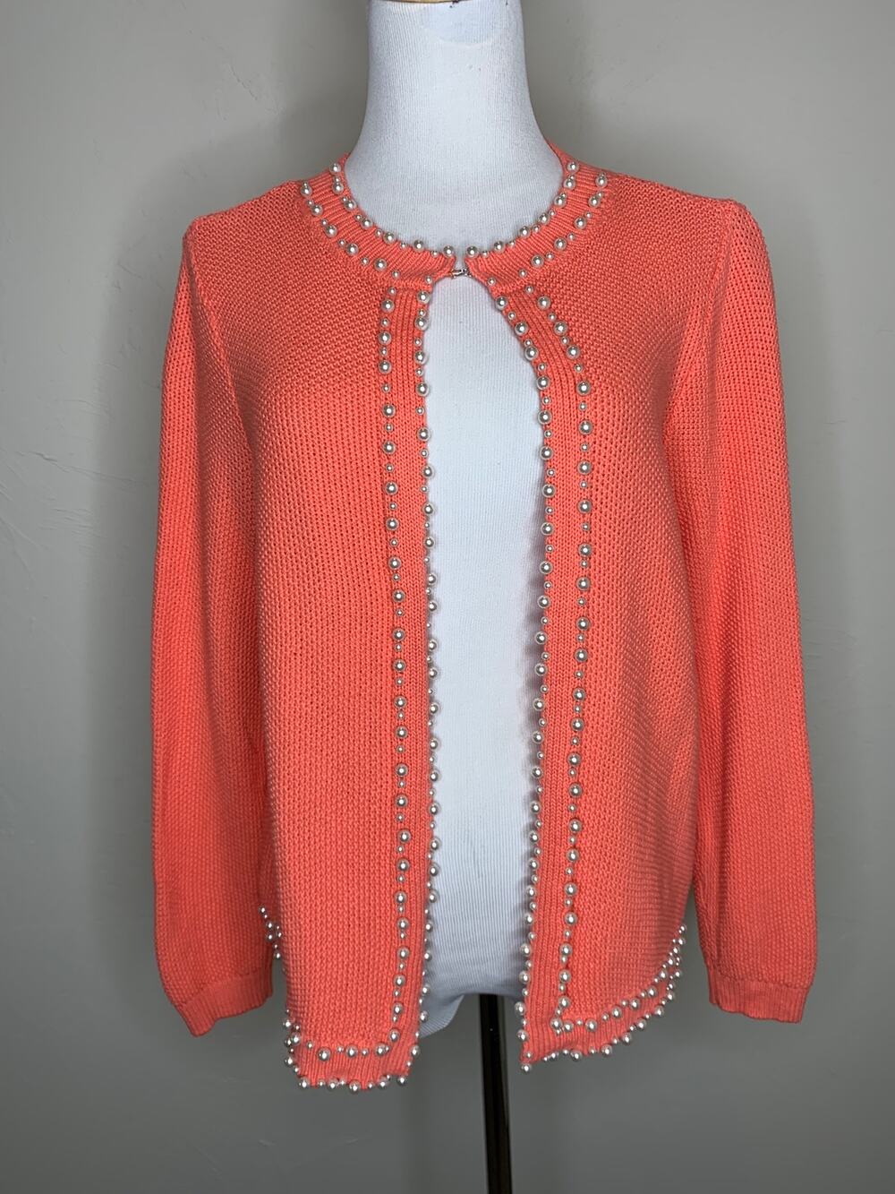 Kate & Mallory Peach Cardigan Pearl Trim Sz Medium Preppy Careertripe